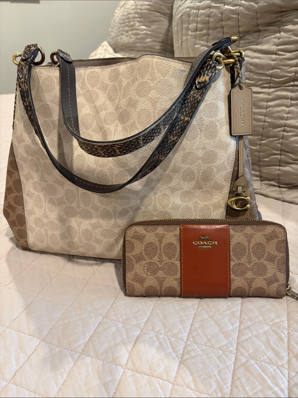 Coach Beige Signature Canvas Shoulder Bag with Brown Trim and Wallet